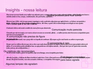 Insights - nossa leitura Para tomar um mero banho uma mulher usa sabonete para o corpo e outro para o rosto, sabonete íntimo, sabão líquido para lavar a calcinha ainda no box, xampu, condicionador, óleo pós-banho, esfoliante… Homem é que é feliz: não tem que passar maquiagem, veste a primeira calça jeans que vê pela frente e, se bobear, nem penteia o cabelo. Já nós temos que ficar atentas à higiene íntima. Até nisso, a gente está em desvantagem em relação ao sexo oposto.  O sabonete íntimo está sendo vendido da mesma forma que absorvente. Concordo que não tem nada a ver mesmo colocar um cara no comercial, afinal…a mulher precisa estar bem com o companheiro para estar bem com si própria??? Eu gostava do Dermacid, mas o preço dele me impediu de continuar. Hj compro oq for mais barato ou estiver em promoção. Sempre ouvi os médicos dizerem que não se deve usar nada desses produtos de higiene intima, pois temos nosso próprio sistema de defesa. E os creminhos podem danificar isso, ou seja perdemos a tal defesa natural... Será que não é por aí? (quem não concorda, tenho certeza, são os laboratórios...) Tem tb um da Carefree, parece bem prático, tipo uma bisnaga, com a tampinha para baixo. Além do Lucretin, o Intimus da Racco também é muito bom. Usei o Dermacid uma vez e não gostei pois ele é muito ralinho e escorre demais. Era fã do Lucretin, mas estou amando o Intimus, e a tampinha é bem segura. Muitos produtos para ficar bonita Tem coisa que  é só de mulher Comunicaç ão muito parecida A comunicaç ão não precisa da figura masculina Os m édicos não recomendam Embalagem com tampa para baixo agrada Algumas tampas n ão agradam O concorrente  é caro 