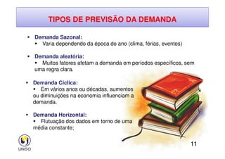 TIPOS DE PREVISÃO DA DEMANDA
 Demanda Sazonal:
 Varia dependendo da época do ano (clima, férias, eventos)
 Demanda aleatória:
 Muitos fatores afetam a demanda em períodos específicos, sem
uma regra clara.
11
 Demanda Cíclica:
 Em vários anos ou décadas, aumentos
ou diminuições na economia influenciam a
demanda.
 Demanda Horizontal:
 Flutuação dos dados em torno de uma
média constante;
 