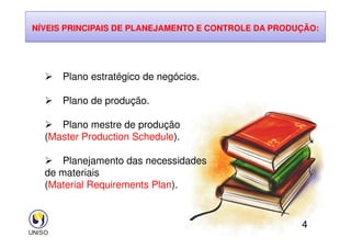 Plano estratégico de negócios.
 Plano de produção.
 Plano mestre de produção
NÍVEIS PRINCIPAIS DE PLANEJAMENTO E CONTROLE DA PRODUÇÃO:
4
 Plano mestre de produção
(Master Production Schedule).
 Planejamento das necessidades
de materiais
(Material Requirements Plan).
 