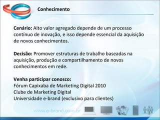 Cenário:  Alto valor agregado depende de um processo contínuo de inovação, e isso depende essencial da aquisição de novos conhecimentos.  Decisão:  Promover estruturas de trabalho baseadas na aquisição, produção e compartilhamento de novos conhecimentos em rede. Venha participar conosco: Fórum Capixaba de Marketing Digital 2010 Clube de Marketing Digital Universidade e-brand (exclusivo para clientes) Conhecimento 