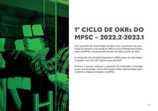 1º CICLO DE OKRs DO
MPSC – 2022.2-2023.1
Com a escolha da metodologia, foi dado início ao processo de cons-
trução do primeiro ciclo anual de OKRs do novo Planejamento Estra-
tégico do MPSC, compreendido de julho de 2022 a junho de 2023.
A construção da estratégia baseada em OKRs parece ser algo lógico
e simples, mas isso não significa que seja fácil.
Primeiro é preciso conhecer o propósito da instituição e entender
qual a sua estratégia. Estas informações estão representadas grafi-
camente no Mapa Estratégico do MPSC.
15
 