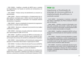 » CCO: OKR04 – Qualificar a atuação do MPSC para o combate
às irregularidades e às fraudes no comércio de combustíveis, em
Santa Catarina.
» CCO: OKR05 – Prestar serviço de atendimento ao consumir su-
perendividado.
» CME: OKR01 – Buscar a estruturação e o fortalecimento dos ór-
gãos públicos municipais para o efetivo exercício do poder de po-
lícia voltado ao combate às construções e às ocupações urbanas
clandestinas e irregulares.
» CME: OKR02 – Buscar a ampliação do tratamento do esgotamen-
to sanitário no Estado de Santa Catarina.
» CME: OKR03 – Monitorar o adequado funcionamento dos órgãos
ambientais municipais.
» CME: OKR04 – Estimular a atuação ambiental, mediante articula-
ção e aproximação do CME com as PJs.
» CDH: OKR01 – Qualificar a atuação do MPSC em demandas vol-
tadas à saúde pública, visando a contribuir para a redução do tem-
po de espera dos serviços de assistência ambulatorial e hospitalar.
» CDH: OKR03 – Instrumentalizar as Promotorias de Justiça para a
atuação em demandas relacionadas à organização do SUAS.
» CDH: OKR04 – Fortalecer a Rede de Atenção Psicossocial (RAPS).
» CDH: OKR05 – Fortalecer a atuação interinstitucional para o apri-
moramento de políticas públicas na área da cidadania.
» CECCON: OKR03 – Realizar o controle abstrato de constituciona-
lidade de leis municipais e estaduais que tratem de matérias am-
bientais e urbanísticas contrárias à Constituição Estadual em 2022.
PEN 1.5
Impulsionar a fiscalização do
emprego de recursos públicos, a
implementação de políticas e o
controle social
» CIJE: OKR02 – Acompanhar e monitorar a execução
das metas e estratégias dos Planos Estadual e Munici-
pais de Educação.
» CMA: OKR02 – Facilitar o acesso à informação e con-
trole pela sociedade, promovendo a defesa da transpa-
rência e do acesso à informação na administração públi-
ca, como medida de prevenção à corrupção.
» CDH: OKR02 – Qualificar a atuação do MPSC na fisca-
lização da contratualização da rede hospitalar no âmbito
do SUS.
» COT: OKR01 – Garantir a isonomia tributária e o respei-
to à capacidade contributiva e conferir transparência às
informações do Estado sobre renúncia fiscal, ampliando
o controle social no que diz respeito à concessão de in-
centivos fiscais e benefícios deles derivados.
» COT: OKR02 – Incentivar a atualização das leis munici-
pais tributárias locais, assim como a implementação de
estrutura, fiscalização e cobrança dos tributos próprios,
combater a sonegação fiscal e interagir com instituições
e órgãos públicos.
29
 