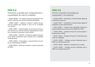 PEN 3.4
Promover a gestão por competências e
a qualidade de vida no trabalho
» Gestão:OKR09 – Ter quadro de pessoal qualificado e em
número suficiente, em um bom ambiente de trabalho
» COENG: OKR01 – Adequar e ampliar o quadro de pes-
soal da COENG para atender a nova Lei de Licitações
14.133/2021
» CORH: OKR01 – Operacionalizar os processos de Recur-
sos Humanos por meio de sistemas informatizados moder-
nos, unificados e acessíveis a todo o MPSC
» CORH: OKR02 – Redefinir o modelo de gestão de pesso-
as do MPSC, permitindo maior conexão com a realidade
contemporânea
» CORH: OKR03 – Potencializar o aproveitamento do qua-
dro de colaboradores do MPSC
» COAD: OKR04 – Estruturar e adequar o quadro de pessoal
da COAD
PEN 3.5
Prover soluções tecnológicas
integradas e inovadoras
» Gestão: OKR10 – Intensificar a transformação digital da
Instituição na área-fim
» Gestão: OKR11 – Intensificar a transformação digital da
Instituição na área administrativa
» COPIJ: OKR01 – Conferir maior celeridade, eficiência e
impessoalidade aos processos de trabalho da COPIJ
» COTEC: OKR21 – Entregar serviços de comunicação re-
levantes para o MPSC
» COTEC: OKR01 – Entregar serviços de TI relevantes para
o MP com agilidade
» COTEC: OKR25 – Entregar serviços relevantes para o
MPSC em infraestrutura de TI
» COTEC: OKR05 – Melhorar a experiência do usuário
» COTEC: OKR07 – Entregar serviços relevantes para o
MPSC em infraestrutura de TI
33
 