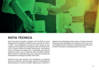 NOTA TÉCNICA
aderência da metodologia nestas áreas, as demais áreas da
Instituição serão abrangidas nos próximos ciclos, tais como
a Corregedoria Geral, Ouvidoria, Coordenadorias de Recursos
e Centro de Estudos e Aperfeiçoamento Funcional.
Este documento consolida o primeiro ciclo de OKRs do novo
Planejamento Estratégico do MPSC, para o período de 2022.2
e 2023.1. Sua atualização ocorrerá em ciclos anuais de con-
cepção de novos objetivos e resultados-chave, em alinhamento
com os futuros Planos de Gestão Institucional. Instrumentos
como a Pesquisa de Imagem com a sociedade, que está em
andamento, bem como a Cadeia de Valor do MPSC também
darão suporte à construção dos novos ciclos de execução do
Planejamento Estratégico do MPSC 2022-2029.
Destaca-se que este primeiro ciclo contemplou as seguintes
áreas da Instituição: Administração Superior, Coordenadorias
Administrativas e Centros de Apoio Operacional. Conforme a
45
 