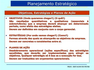 Objetivos, Estratégias e Planos de Ação OBJETIVOS (Onde queremos chegar?) (O quê?) São resultados quantitativos e qualitativos (essenciais à sobrevivência) que a empresa deverá alcançar em determinado período, como efeito das estratégias eleitas. Devem ser definidos em conjunto com o corpo gerencial. ESTRATÉGIAS (Por onde vamos chegar?) (Como?)  Formas através das quais se alcançarão os objetivos da empresa. Devem ser concretas e consistentes entre si. PLANOS DE AÇÃO Desdobramento operacional (ações específicas) das estratégias escolhidas, que deverão ser implementadas para atingir os objetivos. Qualquer estratégia só é boa se a execução for boa. Devem ser traduzidos em orçamentos operacionais. Planejamento Estratégico 