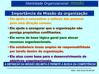 Importância da Missão da organização Ela ajuda a concentrar o esforço das pessoas para uma direção comum. Ela ajuda a assegurar que a organização não persiga propósitos conflitantes. Ela serve de base lógica geral para alocar recursos organizacionais. Ela estabelece áreas amplas de responsabilidade por tarefa dentro da organização. Ela atua como base para o desenvolvimento de objetivos organizacionais. A DEFINIÇÃO DA MISSÃO DELIMITA E PERMITE A BUSCA DA COMPETÊNCIA! Identidade Organizacional:  MISSÃO 