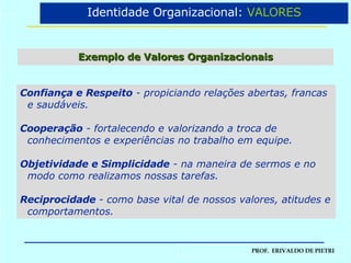 Exemplo de Valores Organizacionais Confiança e Respeito  - propiciando relações abertas, francas e saudáveis. Cooperação  - fortalecendo e valorizando a troca de conhecimentos e experiências no trabalho em equipe. Objetividade e Simplicidade  - na maneira de sermos e no modo como realizamos nossas tarefas. Reciprocidade  - como base vital de nossos valores, atitudes e comportamentos. Identidade Organizacional:  VALORES 