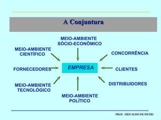 A Conjuntura EMPRESA MEIO-AMBIENTE SÓCIO-ECONÔMICO MEIO-AMBIENTE POLÍTICO CONCORRÊNCIA CLIENTES DISTRIBUIDORES MEIO-AMBIENTE CIENTÍFICO FORNECEDORES MEIO-AMBIENTE TECNOLÓGICO 