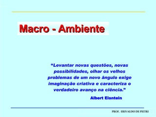 Macro - Ambiente  “ Levantar novas questões, novas possibilidades, olhar os velhos problemas de um novo ângulo exige imaginação criativa e caracteriza o verdadeiro avanço na ciência. ” Albert Eisntein 