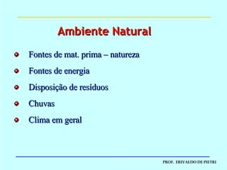 Fontes de mat. prima – natureza Fontes de energia Disposição de resíduos Chuvas Clima em geral Ambiente Natural 