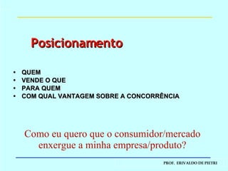 QUEM VENDE O QUE PARA QUEM COM QUAL VANTAGEM SOBRE A CONCORRÊNCIA Como eu quero que o consumidor/mercado enxergue a minha empresa/produto? Posicionamento 