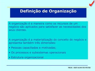 Definição de Organização A organização é a maneira como os recursos de um negócio são aplicados para satisfazer as necessidades dos seus clientes.  A organização é a materialização do conceito do negócio e apresenta também três dimensões: Pessoas capacitadas e motivadas; Os processos e subsistemas operacionais Estrutura organizacional a 