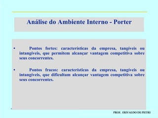 Análise do Ambiente Interno - Porter Pontos fortes: características da empresa, tangíveis ou intangíveis, que permitem alcançar vantagem competitiva sobre seus concorrentes. Pontos fracos: características da empresa, tangíveis ou intangíveis, que dificultam alcançar vantagem competitiva sobre seus concorrentes.  