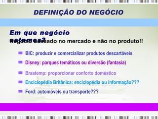 DEFINIÇÃO DO NEGÓCIO Em que negócio estamos? Negócio baseado no mercado e não no produto!! Enciclopédia Britânica: enciclopédia ou informação??? Disney: parques temáticos ou diversão (fantasia) Ford: automóveis ou transporte??? BIC: produzir e comercializar produtos descartáveis Brastemp: proporcionar conforto doméstico 