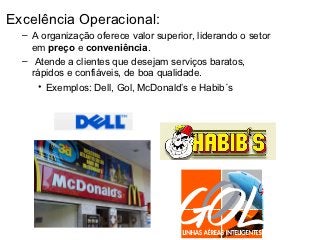 Excelência Operacional:
  – A organização oferece valor superior, liderando o setor
    em preço e conveniência.
  – Atende a clientes que desejam serviços baratos,
    rápidos e confiáveis, de boa qualidade.
      • Exemplos: Dell, Gol, McDonald’s e Habib´s
 