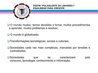 EEEFM “POLIVALENTE DE LINHARES I”
                     EQUILIBRAR PARA CRESCER




 O mundo mudou: temos decisões a tomar, muitos procedimentos
 a aprender, muitos problemas a resolver;

 O mundo é globalizado;

 Transformações tecnológicas, sociais e culturais;

 Sociedades cada vez mais complexas, marcadas por tensões e
  contradições;

 Sociedades        que        se        caracterizam    pelo
  consumo, tecnologia, conhecimento e informação;
 