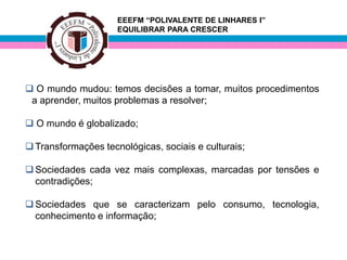 EEEFM “POLIVALENTE DE LINHARES I”
                     EQUILIBRAR PARA CRESCER




 O mundo mudou: temos decisões a tomar, muitos procedimentos
 a aprender, muitos problemas a resolver;

 O mundo é globalizado;

 Transformações tecnológicas, sociais e culturais;

 Sociedades cada vez mais complexas, marcadas por tensões e
  contradições;

 Sociedades que se caracterizam pelo consumo, tecnologia,
  conhecimento e informação;
 