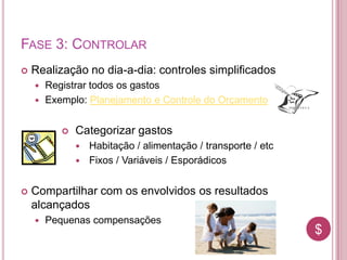 $$
FASE 3: CONTROLAR
 Realização no dia-a-dia: controles simplificados
 Registrar todos os gastos
 Exemplo: Planejamento e Controle do Orçamento
 Categorizar gastos
 Habitação / alimentação / transporte / etc
 Fixos / Variáveis / Esporádicos
 Compartilhar com os envolvidos os resultados
alcançados
 Pequenas compensações
 
