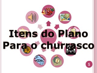 $$
Churrasco
Carne
Acompanham
entos
Bebidas
Local
Horário
Instalações (e
se chover?)
Atividades
Transporte
Outros
 