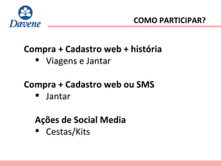 COMO PARTICIPAR? Compra + Cadastro web + história Viagens e Jantar  Compra + Cadastro web ou SMS Jantar  Ações de Social Media Cestas/Kits 