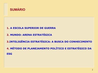 SUMÁRIO 1.  A ESCOLA SUPERIOR DE GUERRA 2.  MUNDO: ARENA ESTRATÉGICA 3. INTELIGÊNCIA ESTRATÉGICA: A BUSCA DO CONHECIMENTO 4.  MÉTODO DE PLANEJAMENTO POLÍTICO E ESTRATÉGICO DA ESG 