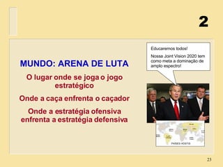 MUNDO: ARENA DE LUTA O lugar onde se joga o jogo estratégico Onde a caça enfrenta o caçador Onde a estratégia ofensiva enfrenta a estratégia defensiva 2 PAÍSES HOSTIS Educaremos todos! Nossa Joint Vision 2020 tem como meta a dominação de amplo espectro! 