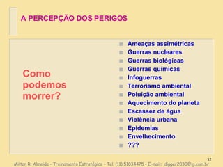 Como podemos morrer? Ameaças assimétricas Guerras nucleares Guerras biológicas Guerras químicas Infoguerras Terrorismo ambiental Poluição ambiental Aquecimento do planeta Escassez de água Violência urbana Epidemias Envelhecimento ??? Milton R. Almeida - Treinamento Estratégico - Tel. (11) 51834475 - E-mail:  [email_address] A PERCEPÇÃO DOS PERIGOS 