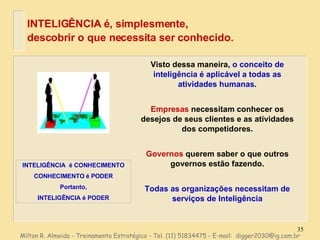Visto dessa maneira,  o conceito de inteligência é aplicável a todas as atividades humanas. Empresas  necessitam conhecer os desejos de seus clientes e as atividades dos competidores. Governos  querem saber o que outros governos estão fazendo. Todas as organizações necessitam de serviços de Inteligência INTELIGÊNCIA é, simplesmente,  descobrir o que necessita ser conhecido. Milton R. Almeida - Treinamento Estratégico - Tel. (11) 51834475 - E-mail:  [email_address] INTELIGÊNCIA  é CONHECIMENTO CONHECIMENTO é PODER Portanto, INTELIGÊNCIA é PODER 