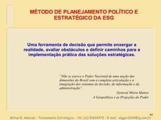 MÉTODO DE PLANEJAMENTO POLÍTICO E ESTRATÉGICO DA ESG “ Não se exerce o Poder Nacional de uma nação das dimensões do Brasil sem a completa articulação e a integração dos sistemas de decisão, de informação e da administração”. General Meira Mattos A Geopolítica e as Projeções do Poder Milton R. Almeida - Treinamento Estratégico - Tel. (11) 51834475 - E-mail:  [email_address] Uma ferramenta de decisão que permite enxergar a realidade, avaliar obstáculos e definir caminhos para a implementação prática das soluções estratégicas. 
