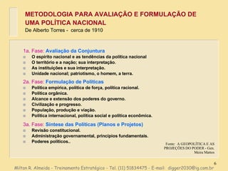 METODOLOGIA PARA AVALIAÇÃO E FORMULAÇÃO DE UMA POLÍTICA NACIONAL De Alberto Torres -  cerca de 1910 1a. Fase:   Avaliação da Conjuntura O espírito nacional e as tendências da política nacional O território e a nação; sua interpretação. As instituições e sua interpretação. Unidade nacional; patriotismo, o homem, a terra. 2a. Fase:   Formulação de Políticas Política empírica, política de força, política racional. Política orgânica. Alcance e extensão dos poderes do governo. Civilização e progresso. População, produção e viação. Política internacional, política social e política econômica. 3a. Fase:   Síntese das Políticas (Planos e Projetos) Revisão constitucional. Administração governamental, princípios fundamentais. Poderes políticos.. Fonte:  A GEOPOLÍTICA E AS PROJEÇÕES DO PODER - Gen. Meira Mattos Milton R. Almeida - Treinamento Estratégico - Tel. (11) 51834475 - E-mail:  [email_address] 