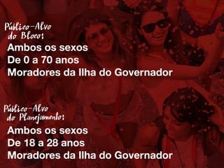 Ambos os sexos
De 18 a 28 anos
Moradores da Ilha do Governador
Público-Alvo
do Planejamento:
Público-Alvo
do Bloco:
Ambos os sexos
De 0 a 70 anos
Moradores da Ilha do Governador
 