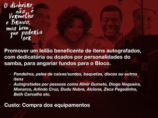 O dinheiro
Vermelho
e Branco
mas bem
que poderia
não é
ser
Promover um leilão beneﬁcente de itens autografados,
com dedicatória ou doados por personalidades do
samba, para angariar fundos para o Bloco.
- Pandeiros, peles de caixas/surdos, baquetas, discos ou outros
itens
- Autografados por pessoas como Almir Guineto, Diogo Nogueira,
Monarco, Arlindo Cruz, Dudu Nobre, Alcione, Zeca Pagodinho,
Beth Carvalho etc.
Custo: Compra dos equipamentos
,
 