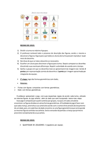 REGRAS DO JOGO:
1) Dividir a turma no máximo 4 grupos.
2) O professor norteará todo o processo de descrição das figuras, sendo o mesmo a
descrevera figuraa figurapara que todosos alunosda turma possam reproduzi-lapor
meio do desenho.
3) Dar dicas do que se trata o desenho se necessário.
4) Escolher um aluno para descrever a figura para turma. Depois comparar os desenhos
discutindo suas eventuais diferenças. Repetir a atividade de acordo com o tempo.
5) Ganha o grupo em que os desenhos mais se aproximarem da imagem real. Sendo 2
pontos por representação correta do desenho e 1 ponto por imagem aproximada por
integrante da equipe;
 3° etapa: Jogo das formas geométricas com dado;
 Materiais:
 Fichas com figuras compostas com formas geométricas;
 Dado com formas geométricas;
O professor apresentará o jogo, com suas respectivas regras de acordo cada turma, utilizado
as mesmas figuras do jogo anterior, além do dado que será incorporado nessa nova etapa.
Esse jogoé compostopor quatrocartelaspor grupos, na qual,emcada umadelas
encontram-se figurasdividasemváriasformasgeométricas.A finalidade dojogoé fazer com
que cada criança, preenchaa sua cartelade acordo com o sorteiofeitoatravésdolançamento
de um dado,pois,emcada face dodado encontra-se umafigurageométricaque corresponde
as mesmasfigurascontidasnascartelas. Seráo vencedordapartidaa criança que primeiro
preenchercompletamente asua cartela.
REGRAS DO JOGO:
 QUANTIDADE DE JOGADORES: 4 jogadores por equipe;
 