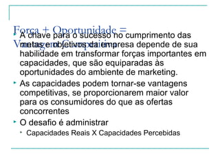 Força + Oportunidade =
Vantagem Competitiva
 A chave para o sucesso no cumprimento das
metas e objetivos da empresa depende de sua
habilidade em transformar forças importantes em
capacidades, que são equiparadas às
oportunidades do ambiente de marketing.
 As capacidades podem tornar-se vantagens
competitivas, se proporcionarem maior valor
para os consumidores do que as ofertas
concorrentes
 O desafio é administrar
 Capacidades Reais X Capacidades Percebidas
 