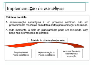 Implementação de estratégias
Reinício do ciclo
A administração estratégica é um processo contínuo, não um
procedimento mecânico com datas certas para começar e terminar.
A cada momento, o ciclo de planejamento pode ser reiniciado, com
base nas informações de controle.
Preparação do
Plano estratégico
Implementação do
Plano estratégico
Acompanhamento
e controle da
execução
Reinício do ciclo de planejamento
 