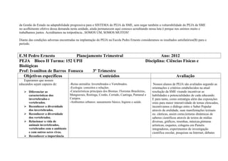 da Gestão do Estado na adaptabilidade progressiva para o SISTEMA do PEJA da SME, sem negar também a vulnerabilidade do PEJA da SME
no acolhimento efetivo dessa demanda nesta unidade, ainda permanecem aqui conosco acreditando nessa luta é porque nos unimos muito e
trabalhamos juntos. Acreditamos na totipotência...SOMOS UM, SOMOS MUITOS!
Diante das condições adversas encontradas na implantação do PEJA na Escola Pedro Ernesto consideramos os resultados satisfatórios(B) para o
período.
E.M Pedro Ernesto Planejamento Trimestral Ano: 2012
PEJA Bloco II Turma: 152 UPII Disciplina: Ciências Físicas e
Biológicas
Prof: Ivonilton de Barros Fonseca 3º Trimestre
Objetivos específicos Conteúdos Avaliação
Esperamos que nossos
educandos sejam capazes de:
 Diferenciar as
características dos
invertebrados e
vertebrados.
 Reconhecer a diversidade
dos invertebrados.
 Reconhecer a diversidade
dos vertebrados.
 Relacionar a vida de
animais invertebrados,
vertebrados com o ambiente
e com outros seres vivos.
 Reconhecer a importância
-Reino animália: Invertebrados e Vertebrados.
-Ecologia: conceitos e relações.
-Características principais dos Biomas: Florestas Brasileiras,
Manguezais, Restinga, Costão, Cerrado, Caatinga, Pantanal e
Campos.
-Ambientes urbanos: saneamento básico, higiene e saúde.
Nossos alunos de PEJA são avaliados segundo as
orientações e critérios estabelecidos na atual
resolução da SME visando incentivar as
habilidades e potencialidades de cada educando.
E para tanto, como estratégia além das exposições
orais para maior interatividade de temas elencados,
incentivamos o diálogo entre o Saber Popular
através da oralidade, suas manifestações textuais
ou cânticas, assim como,leituras dinâmicas de
saberes científicos através de textos de mídias
diversas, gráficos, resenhas, músicas,pinturas
artísticas, esquetes, colagens em Painéis
integradores, experimentos de investigação
científica escolar, pesquisas na Internet, debates
 