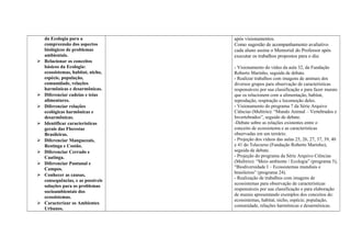 da Ecologia para a
compreensão dos aspectos
biológicos de problemas
ambientais.
 Relacionar os conceitos
básicos da Ecologia:
ecossistemas, habitat, nicho,
espécie, população,
comunidade, relações
harmônicas e desarmônicas.
 Diferenciar cadeias e teias
alimentares.
 Diferenciar relações
ecológicas harmônicas e
desarmônicas.
 Identificar características
gerais das Florestas
Brasileiras.
 Diferenciar Manguezais,
Restinga e Costão.
 Diferenciar Cerrado e
Caatinga.
 Diferenciar Pantanal e
Campos.
 Conhecer as causas,
consequências, e as possíveis
soluções para os problemas
socioambientais dos
ecossistemas.
 Caracterizar os Ambientes
Urbanos.
após visionamentos.
Como sugestão de acompanhamento avaliativo
cada aluno assina o Memorial do Professor após
executar os trabalhos propostos para o dia:
- Visionamento do vídeo da aula 32, da Fundação
Roberto Marinho, seguida de debate.
- Realizar trabalhos com imagens de animais dos
diversos grupos para observação de características
responsáveis por sua classificação e para fazer murais
que os relacionem com a alimentação, habitat,
reprodução, respiração e locomoção deles.
- Visionamento do programa 7 da Série Arquivo
Ciências (Multirio): “Mundo Animal – Vertebrados e
Invertebrados”, seguido de debate.
-Debate sobre as relações existentes entre o
conceito de ecossistema e as características
observadas em um terrário.
- Projeção dos vídeos das aulas 25, 26, 27, 37, 39, 40
e 41 do Telecurso (Fundação Roberto Marinho),
seguida de debate.
- Projeção do programa da Série Arquivo Ciências
(Multirio): “Meio ambiente / Ecologia” (programa 5),
“Biodiversidade I – Ecossistemas mundiais e
brasileiros” (programa 24).
- Realização de trabalhos com imagens de
ecossistemas para observação de características
responsáveis por sua classificação e para elaboração
de murais apresentando exemplos dos conceitos de:
ecossistemas, habitat, nicho, espécie, população,
comunidade, relações harmônicas e desarmônicas.
 