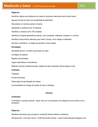 Mediando o Saber – Profª Alessandra Araújo                                                          2011

      Objetivos:

      Identificar objetos que utilizamos em pares e reconhecer elementos que formam pares

      Agrupar de dois em dois uma quantidade de elementos

      Reconhecer os números pares e impares

      Apresentar a centena como 10 dezenas

      Identificar a centena como 100 unidades

      Identificar as figuras geométricas planas, como quadrado, retângulo, triangulo e o círculos

      Identificar instrumentos utilizados para medir o tempo, como relógio e calendário

      Escrever e identificar, no relógio de ponteiros, horas exatas.

      Estratégias:

      Atividades do livro, na folha e para fazer em casa

      Contagem de objetos

      Registro de atividades

      Jogos matemáticos e brincadeiras

      Material concreto (material dourado, objetos da sala, tampinhas, blocos lógicos e etc)

      Avaliação:

      Trabalhos

      Provas bimestrais

      Observação da participação em classe

      A pontualidade de entrega de tarefas de casa e trabalhos



                                                     Ciências

      Conteúdos:

      O ambiente ( recursos naturais - água, solo e ar; sua poluição e as relações do ser humano com o
      ambiente)



      Objetivos:

      Identificar elementos que compõem o ambiente (fatores bióticos e abióticos)

      Planejamento Curricular Anual – Profª Alessandra Araújo – www.mediandosaber.blogspot.com
 