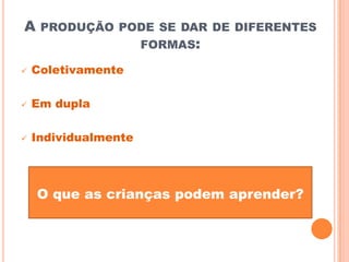 A PRODUÇÃO PODE SE DAR DE DIFERENTES
FORMAS:
 Coletivamente
 Em dupla
 Individualmente
O que as crianças podem aprender?
 