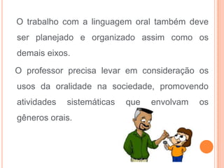 O trabalho com a linguagem oral também deve
ser planejado e organizado assim como os
demais eixos.
O professor precisa levar em consideração os
usos da oralidade na sociedade, promovendo
atividades sistemáticas que envolvam os
gêneros orais.
 