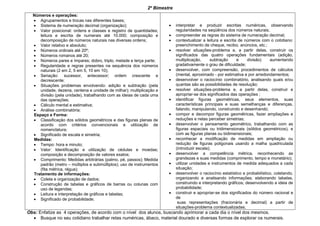 2º Bimestre
Números e operações:
 Agrupamentos e trocas nas diferentes bases;
 Sistema de numeração decimal (organização);
 Valor posicional: ordens e classes e registro de quantidades;
leitura e escrita de numerais até 10.000; composição e
decomposição de números naturais nas diversas ordens;
 Valor relativo e absoluto;
 Números ordinais até 20º;
 Números romanos até 20;
 Números pares e ímpares; dobro, triplo, metade e terça parte;
 Regularidade e regras presentes na sequência dos números
naturais (2 em 2, 5 em 5, 10 em 10);
 Seriação: sucessor, antecessor; ordem crescente e
decrescente;
 Situações problemas envolvendo: adição e subtração (pela
unidade, dezena, centena e unidade de milhar); multiplicação e
divisão (pela unidade), trabalhando com as ideias de cada uma
das operações;
 Cálculo mental e estimativa;
 Análise combinatória;
Espaço e Forma:
 Classificação dos sólidos geométricos e das figuras planas de
acordo com critérios convencionais e utilização de
nomenclatura;
 Significado de escala e simetria;
Medidas:
 Tempo: hora e minuto;
 Valor: Identificação e utilização de cédulas e moedas;
composição e decomposição de valores exatos;
 Comprimento: Medidas arbitrárias (palmo, pé, passos); Medida
padrão (metro – múltiplos e submúltiplos); uso de instrumentos
(fita métrica, régua);
Tratamento de informações:
 Coleta e organização de dados;
 Construção de tabelas e gráficos de barras ou colunas com
uso de legendas;
 Leitura e interpretação de gráficos e tabelas;
 Significado de probabilidade;
 interpretar e produzir escritas numéricas, observando
regularidades na seqüência dos números naturais;
 compreender as regras do sistema de numeração decimal;
 contextualizar a leitura e escrita de números com o cotidiano:
preenchimento de cheque, recibo, anúncios, etc.;
 resolver situações-problema e, a partir delas, construir os
significados das quatro operações fundamentais (adição,
multiplicação, subtração e divisão) aumentando
gradativamente o grau de dificuldade;
 desenvolver, com compreensão, procedimentos de cálculos
(mental, aproximado - por estimativa e por arredondamentos;
 desenvolver o raciocínio combinatório, analisando quais e/ou
quantas são as possibilidades de resolução;
 resolver situações-problema e, a partir delas, construir e
apropriar-se dos significados das operações ;
 identificar figuras geométricas, seus elementos, suas
características principais e suas semelhanças e diferenças,
falando, manipulando, construindo e desenhando;
 compor e decompor figuras geométricas, fazer ampliações e
reduções e nelas perceber simetrias;
 desenvolver o pensamento geométrico, trabalhando com as
figuras espaciais ou tridimensionais (sólidos geométricos), e
com as figuras planas ou bidimensionais;
 reconhecer a modificação de medidas em ampliação ou
redução de figuras poligonais usando a malha quadriculada
(introduzir escala);
 desenvolver a competência métrica, reconhecendo as
grandezas e suas medidas (comprimento, tempo e monetário);
 utilizar unidades e instrumentos de medida adequados a cada
situação;
 desenvolver o raciocínio estatístico e probabilístico, coletando,
organizando e analisando informações; elaborando tabelas,
construindo e interpretando gráficos; desenvolvendo a ideia de
probabilidade;
 construir e apropriar-se dos significados do número racional e
de
suas representações (fracionária e decimal) a partir de
situações-problema contextualizadas;
Obs: Enfatize as 4 operações, de acordo com o nível dos alunos, buscando aprimorar a cada dia o nível dos mesmos.
 Busque no seu cotidiano trabalhar retas numéricas, ábaco, material dourado e diversas formas de explorar os numerais.
 