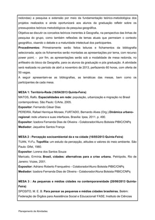 redondas) a pesquisa e extensão por meio da fundamentação teórico-metodológica dos
projetos realizados e ainda oportunizará aos alunos da graduação refletir sobre os
pressupostos teóricos metodológicos da pesquisa geográfica.
Objetiva-se discutir os conceitos teóricos inerentes à Geografia, na perspectiva das linhas de
pesquisa do grupo, como também reflexões de temas atuais que permeiam o contexto
geográfico, visando o debate e a maturidade intelectual dos participantes.
Procedimentos: Primeiramente serão feitos leituras e fichamentos da bibliografia
selecionada; após os fichamentos serão montadas as apresentações por tema, com recurso
power point; - por fim, as apresentações serão sob a modalidade de mesa redonda, no
anfiteatro do bloco da Geografia, para os alunos da graduação e pós graduação. A atividade
será realizada no período de abril a novembro de 2013, perfazendo 60 horas, com oferta de
50 vagas.
A seguir apresentam-se as bibliografias, as temáticas das mesas, bem como os
participantes de cada mesa.


MESA 1: Território-Rede (18/04/2013 Quinta-Feira)
MATOS, Ralfo. Espacialidades em rede: população, urbanização e migração no Brasil
contemporâneo. São Paulo: C/Arte, 2005.
Expositor: Fernando César Dias
PEREIRA, Rafael Henrique Moraes; FURTADO, Bernardo Alves (Org.).Dinâmica urbano-
regional: rede urbana e suas interfaces. Brasília: Ipea, 2011. p. 490.
Expositor: Izadora Fernanda Dias de Oliveira - Colaborador/Aluno Bolsista PIBIC/CNPq
Mediador: Jaqueline Santos França


MESA 2 : Percepção socioambiental da e na cidade (16/05/2013 Quinta-Feira)
TUAN, Yi-Fu. Topofilia: um estudo da percepção, atitudes e valores do meio ambiente. São
Paulo: Difel, 1980.
Expositor: Lorena dos Santos Souza
Maricato, Ermínia. Brasil, cidades: alternativas para a crise urbana. Petrópolis, Rio de
Janeiro: Vozes, 2001.
Expositor: Adriano Roberto Franquelino - Colaborador/Aluno Bolsista PIBIC/CNPq
Mediador: Izadora Fernanda Dias de Oliveira - Colaborador/Aluna Bolsista PIBIC/CNPq


MESA 3 : As pequenas e médias cidades na contemporaneidade (20/06/2013 Quinta-
Feira)
SPOSITO, M. E. B. Para pensar as pequenas e médias cidades brasileiras. Belém:
Federação de Órgãos para Assistência Social e Educacional/ FASE; Instituto de Ciências




Planejamento de Atividades
 