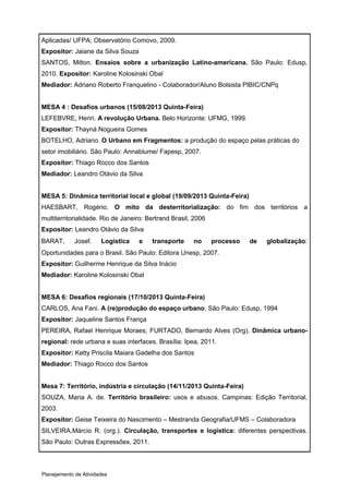 Aplicadas/ UFPA; Observatório Comovo, 2009.
Expositor: Jaiane da Silva Souza
SANTOS, Milton. Ensaios sobre a urbanização Latino-americana. São Paulo: Edusp,
2010. Expositor: Karoline Kolosinski Obal
Mediador: Adriano Roberto Franquelino - Colaborador/Aluno Bolsista PIBIC/CNPq


MESA 4 : Desafios urbanos (15/08/2013 Quinta-Feira)
LEFEBVRE, Henri. A revolução Urbana. Belo Horizonte: UFMG, 1999.
Expositor: Thayná Nogueira Gomes
BOTELHO, Adriano. O Urbano em Fragmentos: a produção do espaço pelas práticas do
setor imobiliário. São Paulo: Annablume/ Fapesp, 2007.
Expositor: Thiago Rocco dos Santos
Mediador: Leandro Otávio da Silva


MESA 5: Dinâmica territorial local e global (19/09/2013 Quinta-Feira)
HAESBART, Rogério. O mito da desterritorialização: do fim dos territórios a
multiterritorialidade. Rio de Janeiro: Bertrand Brasil, 2006
Expositor: Leandro Otávio da Silva
BARAT,       Josef.    Logística   e    transporte     no      processo   de   globalização:
Oportunidades para o Brasil. São Paulo: Editora Unesp, 2007.
Expositor: Guilherme Henrique da Silva Inácio
Mediador: Karoline Kolosinski Obal


MESA 6: Desafios regionais (17/10/2013 Quinta-Feira)
CARLOS, Ana Fani. A (re)produção do espaço urbano. São Paulo: Edusp, 1994
Expositor: Jaqueline Santos França
PEREIRA, Rafael Henrique Moraes; FURTADO, Bernardo Alves (Org). Dinâmica urbano-
regional: rede urbana e suas interfaces. Brasília: Ipea, 2011.
Expositor: Ketty Priscila Maiara Gadelha dos Santos
Mediador: Thiago Rocco dos Santos


Mesa 7: Território, indústria e circulação (14/11/2013 Quinta-Feira)
SOUZA, Maria A. de. Território brasileiro: usos e abusos. Campinas: Edição Territorial,
2003.
Expositor: Geise Teixeira do Nascimento – Mestranda Geografia/UFMS – Colaboradora
SILVEIRA,Márcio R. (org.). Circulação, transportes e logística: diferentes perspectivas.
São Paulo: Outras Expressões, 2011.



Planejamento de Atividades
 