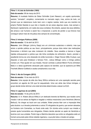 Filme 1: A Lista de Schindler (1993)
Data da sessão: 08 de março de 2013
Resumo: A inusitada história de Oskar Schindler (Liam Neeson), um sujeito oportunista,
sedutor, "armador", simpático, comerciante no mercado negro, mas, acima de tudo, um
homem que se relacionava muito bem com o regime nazista, tanto que era membro do
próprio Partido Nazista (o que não o impediu de ser preso algumas vezes, mas sempre o
libertavam rapidamente, em razão dos seus contatos). No entanto, apesar dos seus defeitos,
ele amava o ser humano e assim fez o impossível, a ponto de perder a sua fortuna mas
conseguir salvar mais de mil judeus dos campos de concentração.


Filme 2: Inimigos Públicos (2009)
Data da sessão: 12 de abril de 2013
Resumo: John Dillinger (Johnny Depp) era um criminoso audacioso e violento, mas que
atraía a opinião pública ao seu favor, principalmente, porque dizia retirar das instituições
financeiras o dinheiro que elas roubavam do cidadão. Seus assaltos a bancos e fugas
rápidas enlouqueciam a polícia que não tinha condições de enfrentá-lo. Assim, prender o
assaltante tornou-se uma obsessão do então burocrata J. Edgar Hoover (Billy Crudup), que
disposto a tudo para fortalecer o famoso F.B.I., coloca Dillinger como o inimigo público
número um. Para ajudar em sua missão, Hoover contrata o policial Melvin Purvis (Christian
Bale) e o deixa igualmente obcecado pela captura do bandido, que se apaixona por Billie
Frechetti (Marion Cotillard) e acaba complicando a sua vida.


Filme 3: Ato de Coragem (2012)
Data da sessão: 10 de maio de 2013
Resumo: Uma equipe de elite dos Navy SEALs embarca em uma operação secreta para
encontrar um agente da CIA que foi sequestrado. Uma vez atrás das linhas inimigas, o
grupo decide tentar eliminar uma rede terrorista determinada a atacar os EUA.

Filme 4: Lágrimas do sol (2003)
Data da sessão: 14 de junho de 2013
Resumo: A. K. Waters (Bruce Willis) é um dedicado tenente da Marinha, que recebe como
missão ir até as selvas da Nigéria e resgatar a médica missionária Lena Hendricks (Monica
Bellucci). Ao chegar ao local com sua unidade, Water precisa lidar com a imposição feita
pela doutora: ou é levada juntamente a outros 70 refugiados de guerra, que seriam deixados
na fronteira com Camarões, ou ficará onde está. Em dúvida entre cumprir sua missão e
prestar ajuda humanitária aos refugiados, Waters decide atender ao apelo de Hendricks e
levá-los com sua unidade. Porém logo a Marinha descobre que entre os refugiados está um
homem procurado pela milícia rebelde nigeriana, o que põe toda a missão em perigo.


Planejamento de Atividades
 