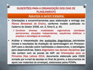 SUGESTÕES PARA A ORGANIZAÇÃO DOS DIAS DE
PLANEJAMENTO

Assuntos a serem tratados:
 Orientações e encaminhamentos para elaboração e entrega dos
Planos Bimestrais de Ensino, conforme modelo publicado no
Caderno do Gestor 2008, vol. 2, ficha 5, p. 45.
 Combinar
diversas
modalidades
organizativas
(atividades
permanentes, situações independentes, sequências didáticas e
projetos) e estratégias de avaliação.

 Análise e interpretação das avaliações diagnósticas (atividades
iniciais e resultados da Avaliação da Aprendizagem em ProcessoAAP) para a decisão sobre habilidades a desenvolver, e estratégias
para desenvolvê-las. Sobre diagnóstico nas demais disciplinas que
não contam com as provas da AAP: ver Orientações para os
Primeiros Dias Letivos 2014, documento elaborado pela CGEB
enviado por e-mail às escolas no final de janeiro, e documentos de
apoio (ver materiais do envelope), elaborados pelos PCNPs.

 
