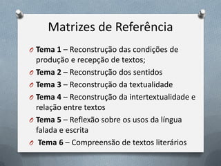 Matrizes de Referência
O Tema 1 – Reconstrução das condições de

produção e recepção de textos;
O Tema 2 – Reconstrução dos sentidos
O Tema 3 – Reconstrução da textualidade
O Tema 4 – Reconstrução da intertextualidade e
relação entre textos
O Tema 5 – Reflexão sobre os usos da língua
falada e escrita
O Tema 6 – Compreensão de textos literários

 