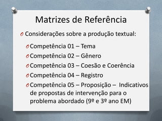 Matrizes de Referência
O Considerações sobre a produção textual:
O Competência 01 – Tema
O Competência 02 – Gênero
O Competência 03 – Coesão e Coerência
O Competência 04 – Registro

O Competência 05 – Proposição – Indicativos

de propostas de intervenção para o
problema abordado (9º e 3º ano EM)

 