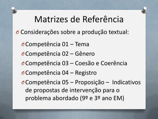 Matrizes de Referência
O Considerações sobre a produção textual:

O Competência 01 – Tema
O Competência 02 – Gênero

O Competência 03 – Coesão e Coerência
O Competência 04 – Registro
O Competência 05 – Proposição – Indicativos

de propostas de intervenção para o
problema abordado (9º e 3º ano EM)

 