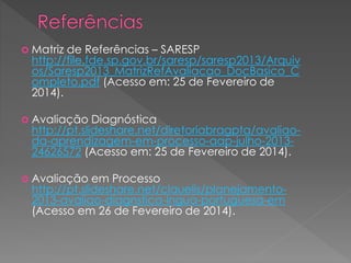  Matriz

de Referências – SARESP
http://file.fde.sp.gov.br/saresp/saresp2013/Arquiv
os/Saresp2013_MatrizRefAvaliacao_DocBasico_C
ompleto.pdf (Acesso em: 25 de Fevereiro de
2014).

 Avaliação

Diagnóstica
http://pt.slideshare.net/diretoriabragpta/avaliaoda-aprendizagem-em-processo-aap-julho-201324626572 (Acesso em: 25 de Fevereiro de 2014).

 Avaliação

em Processo
http://pt.slideshare.net/clauelis/planejamento2013-avaliao-diagnstica-lngua-portuguesa-em
(Acesso em 26 de Fevereiro de 2014).

 