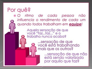 

O ritmo de cada pessoa não
influencia o rendimento de cada um
quando todos trabalham em equipe!

 